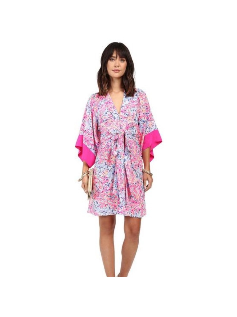 NWT Lilly Pulitzer Kimora Silk Pink Floral Kimono with Hot Pink Cuffs